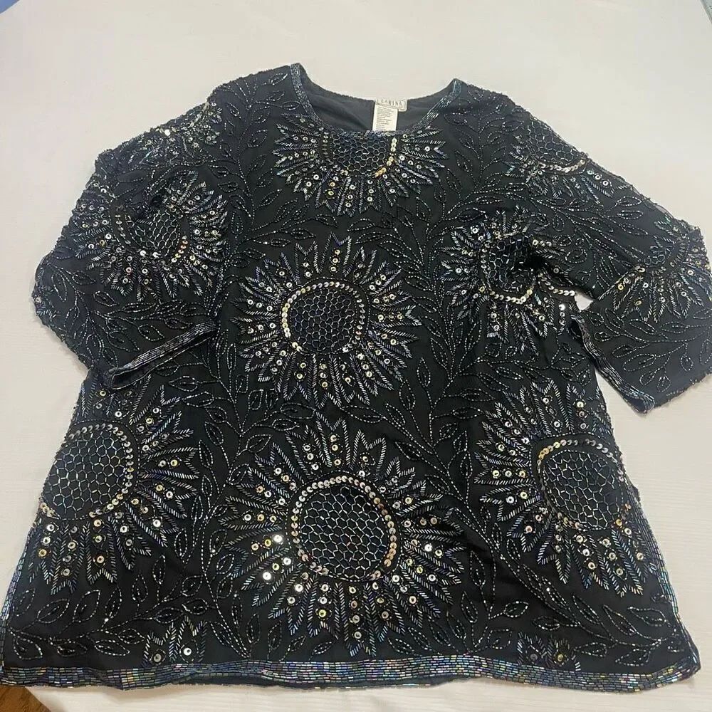 Carina VTG Black Pure Silk Beaded Top Plus Size 1X